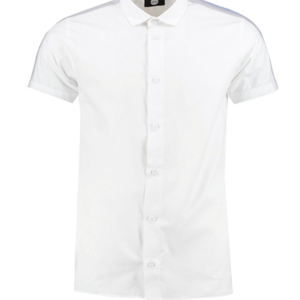 Boohoo Short Sleeve Shirt White with contrast sleeve Stripe Grey Size Medium NWT